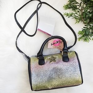 NWT Betsey Johnson Rainbow Ombre Glitter Mini Barrel Crossbody Bag Amber